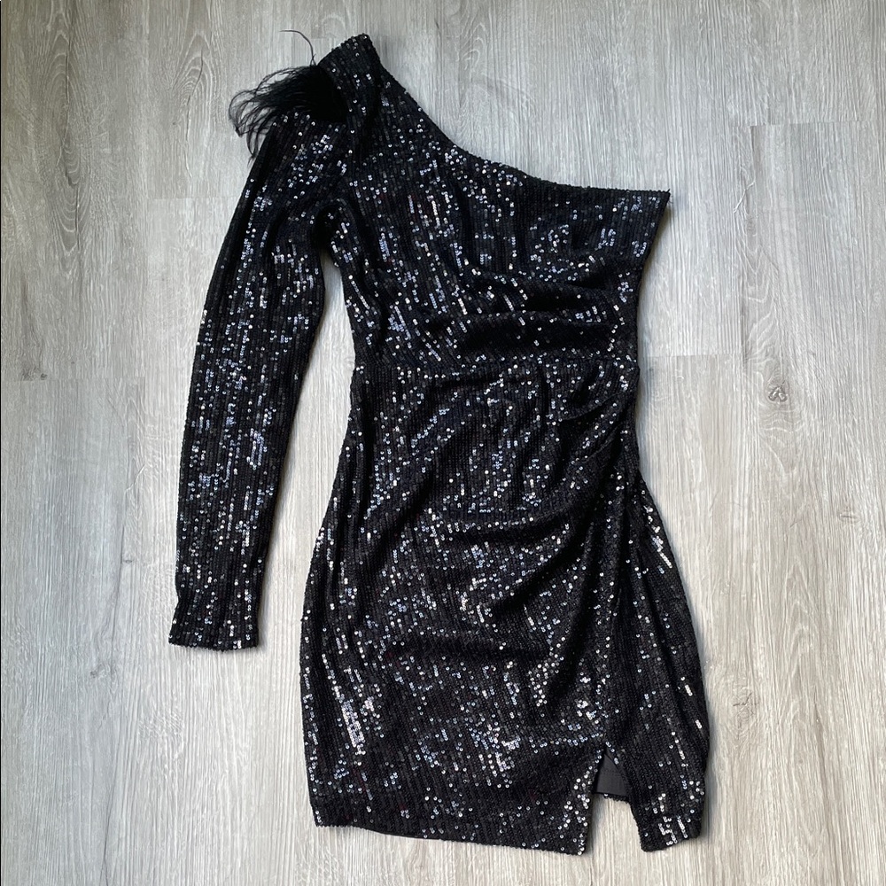 Black Sequin One-Shoulder Dress